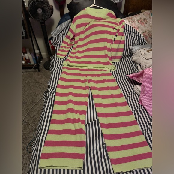 Striped Green and Pink Women's Lounge Set - Picture 2 of 4